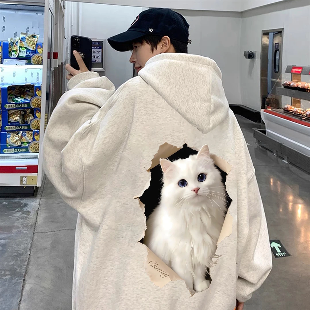 重磅加绒加厚连帽卫衣宽松双层帽美式艺术猫咪男女同款男装秋冬季