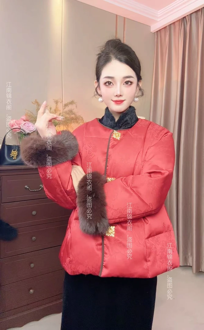 厚款优等品短款棉服秋冬印花保暖红色时尚唐装民族风中式