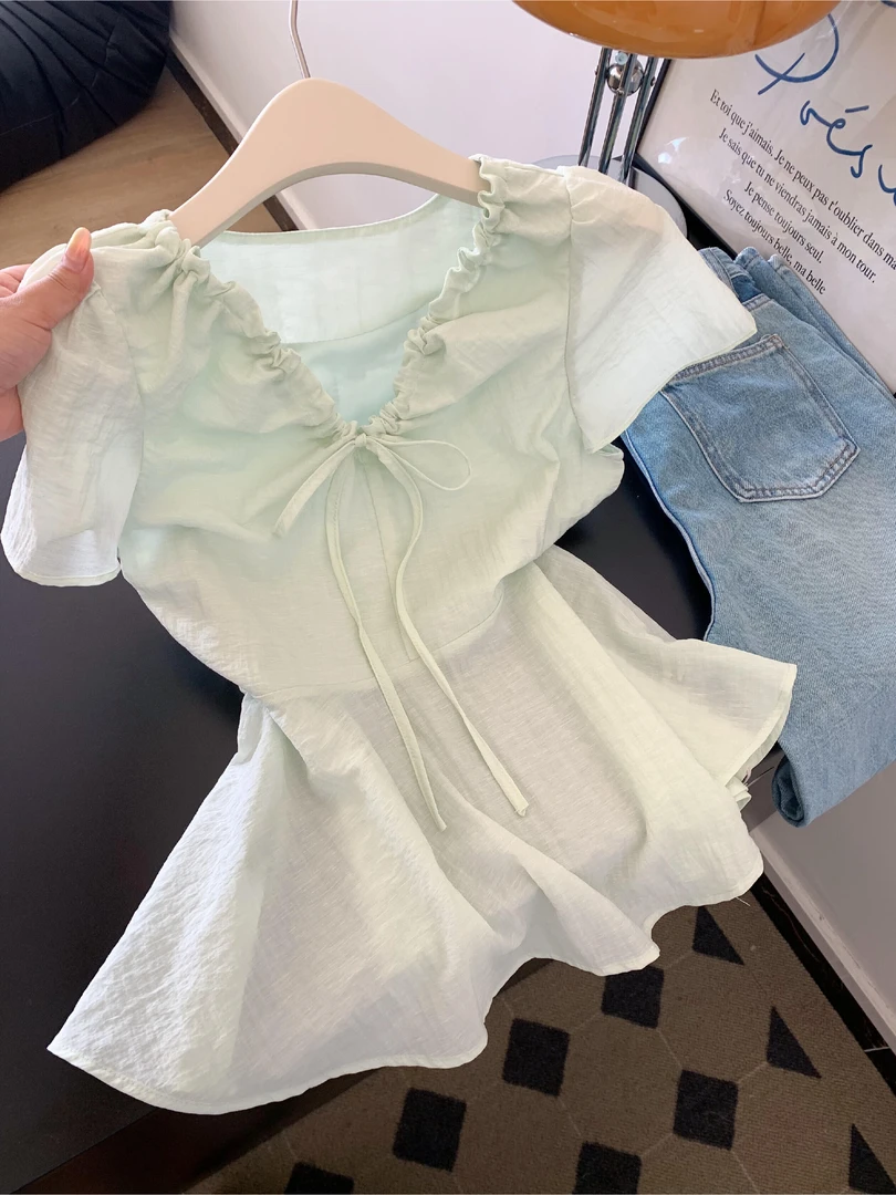 夏季新款韩系时尚通勤抽绳V领短袖娃娃衫女小个子百搭休闲衬衣薄