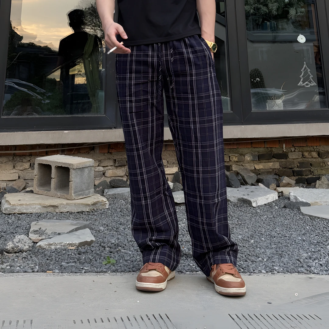 春夏美式休闲纯棉水洗格子裤巴黎同款设计简约百搭直筒宽松长裤