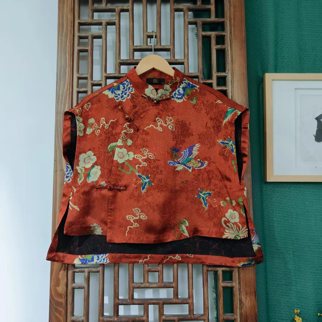 凤徕兮私人定制红底花鸟香香斜襟盘扣无袖短上衣（LS628）