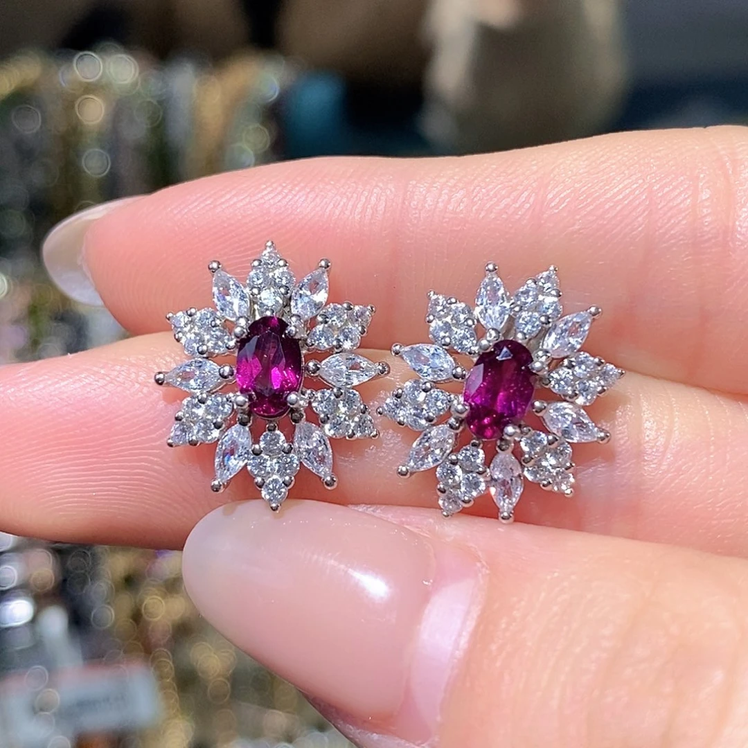 银S925镶嵌耳饰石榴石（紫牙乌）天然宝石