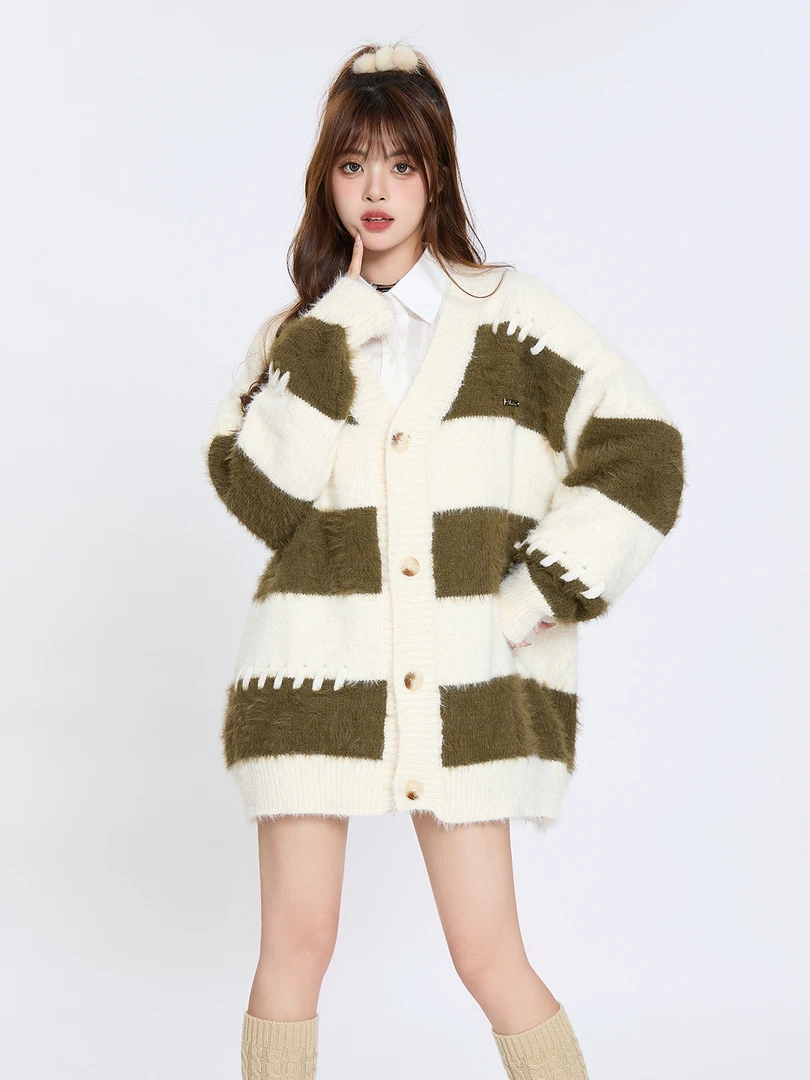 韩系学院风条纹撞色开衫毛衣女2025新款慵懒风软糯针织衫外套上衣