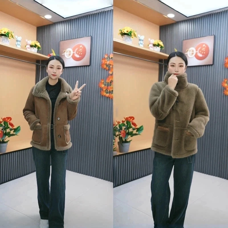 2025新款秋冬时尚外套皮毛一体双面穿百搭女士宽松上衣加厚外套