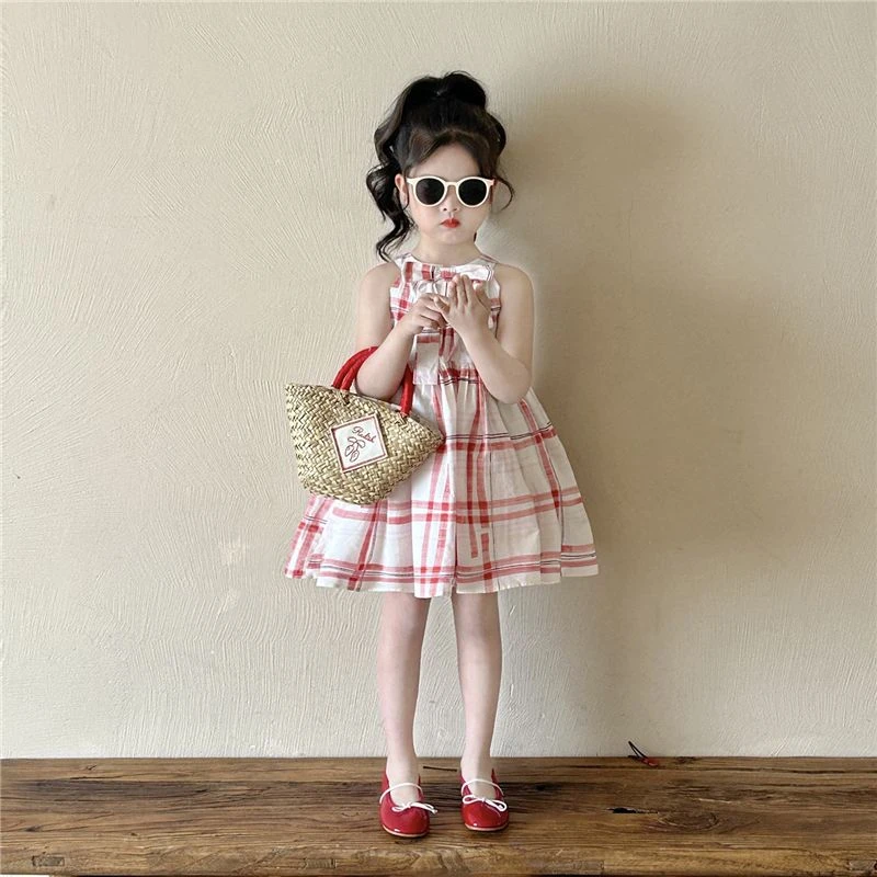 韩版女童夏季甜美连衣裙2025新款小女孩洋气格纹蝴蝶结挂脖背心裙