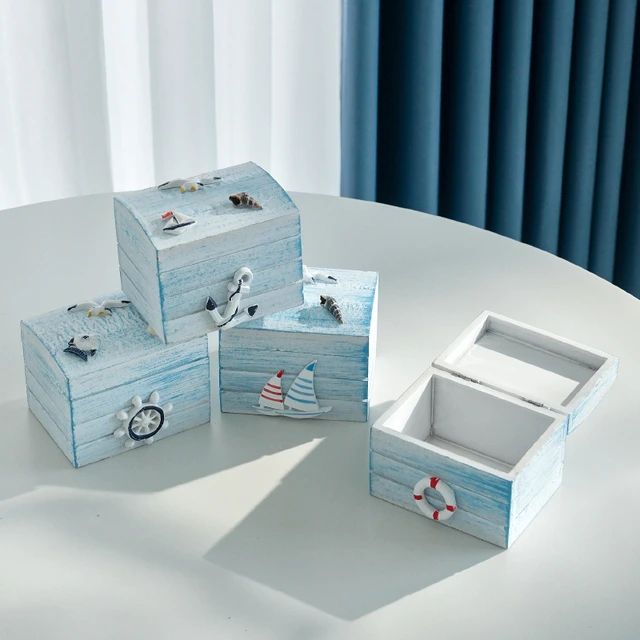 海洋风桌面收纳盒经典海洋风小木盒子儿童便携糖果盒小物件首饰盒