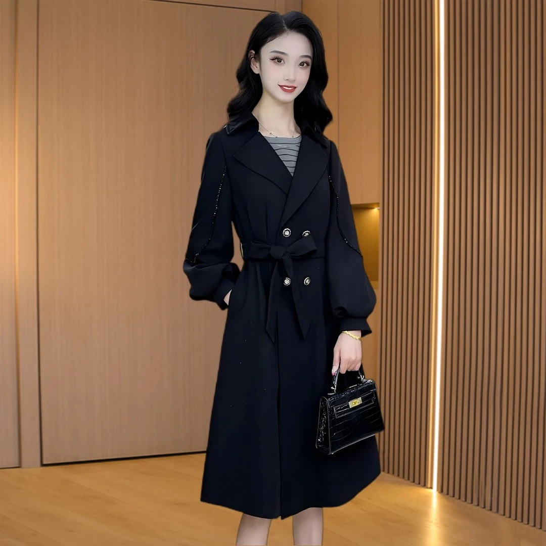 【拉夏】品牌黑色杭州意法风衣外套女士2025早秋新款爆款上档次上衣