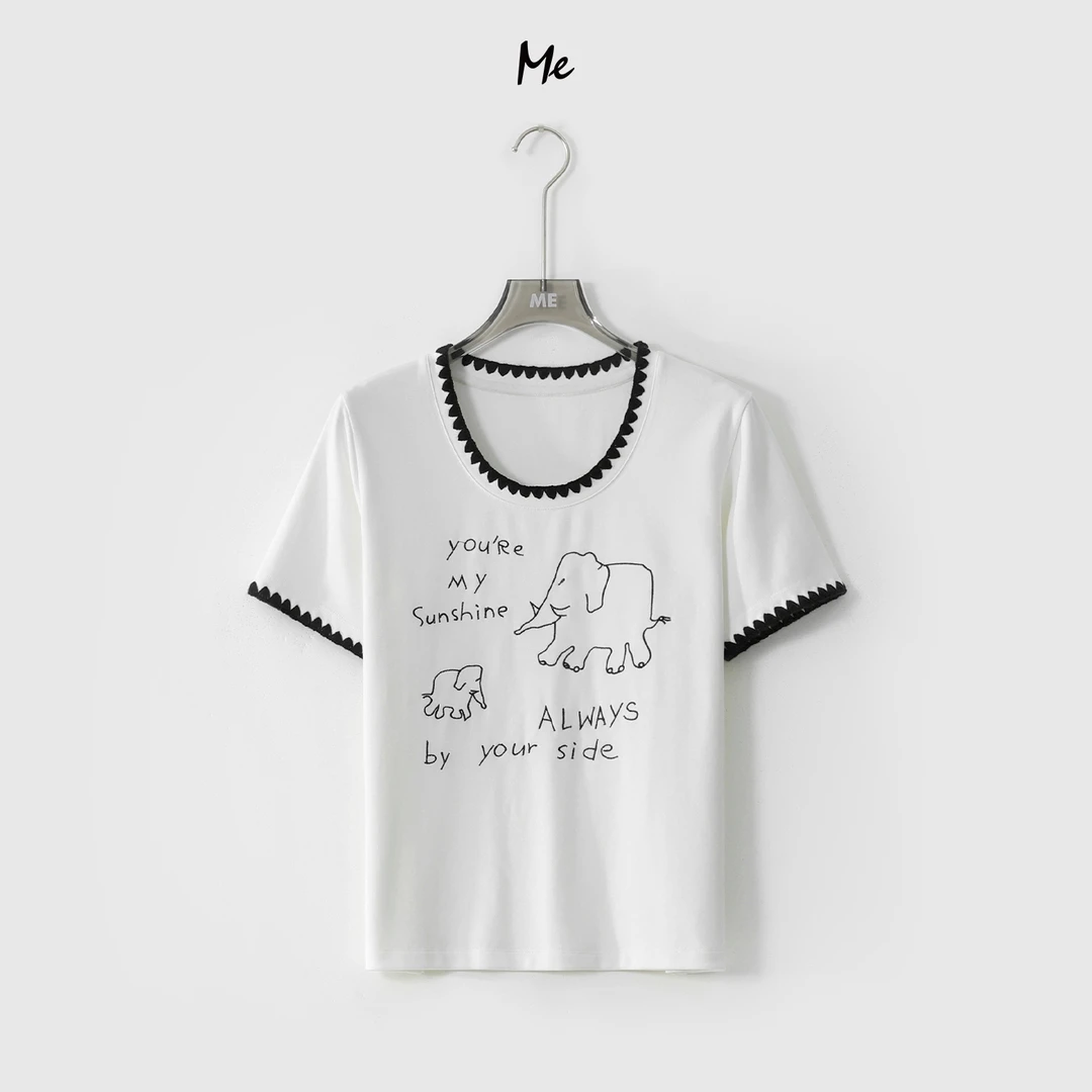 ME【小象俱乐部】童趣刺绣黑白花边显瘦舒适百搭短袖T恤MESS4173