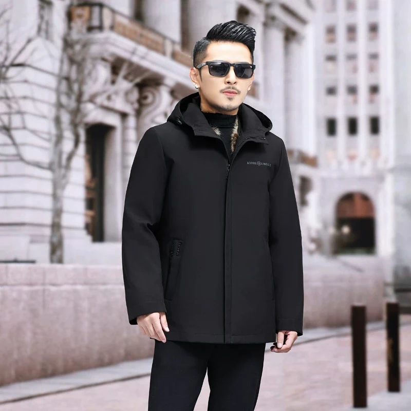 男士纯色商务绅士免烫男士保暖男装立领活帽派克服-2