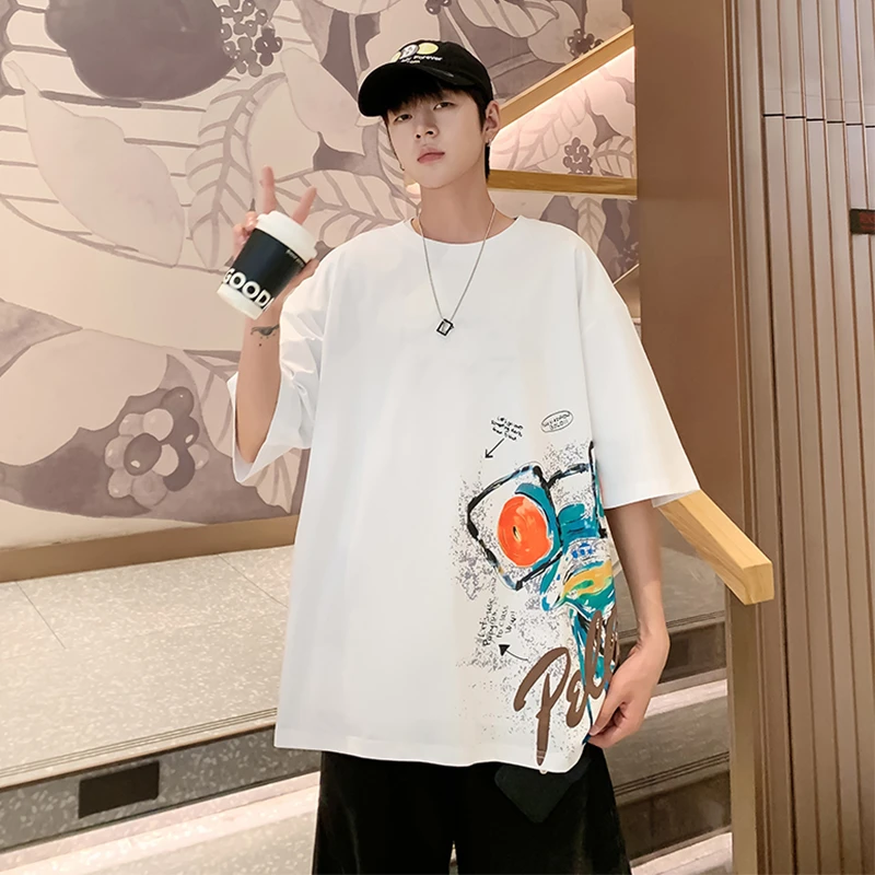 2025夏季新款青少年手绘卡通图案短袖时尚宽松青少年百搭款t恤