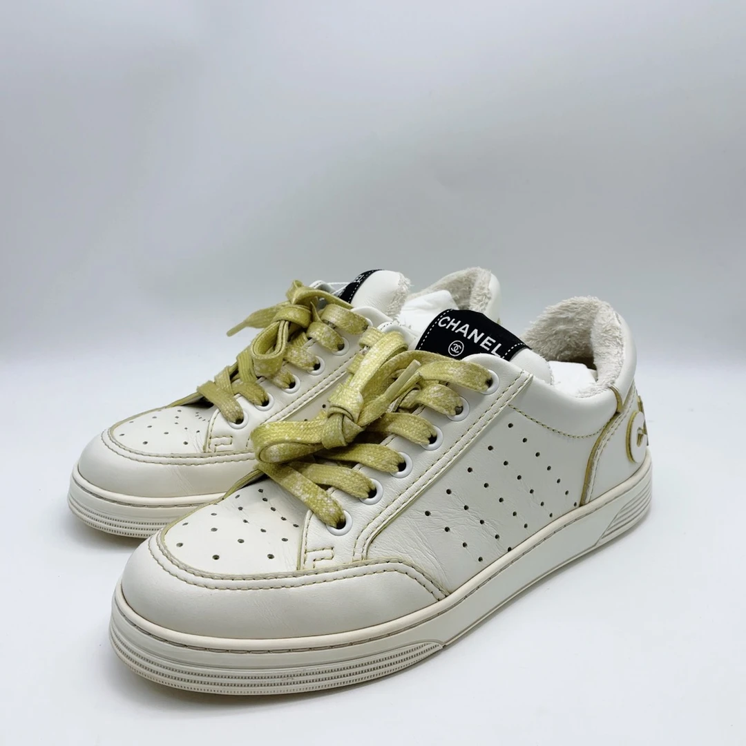 95新 Chanel/香奈儿 37.5 36码女士白黄板鞋小白鞋my364
