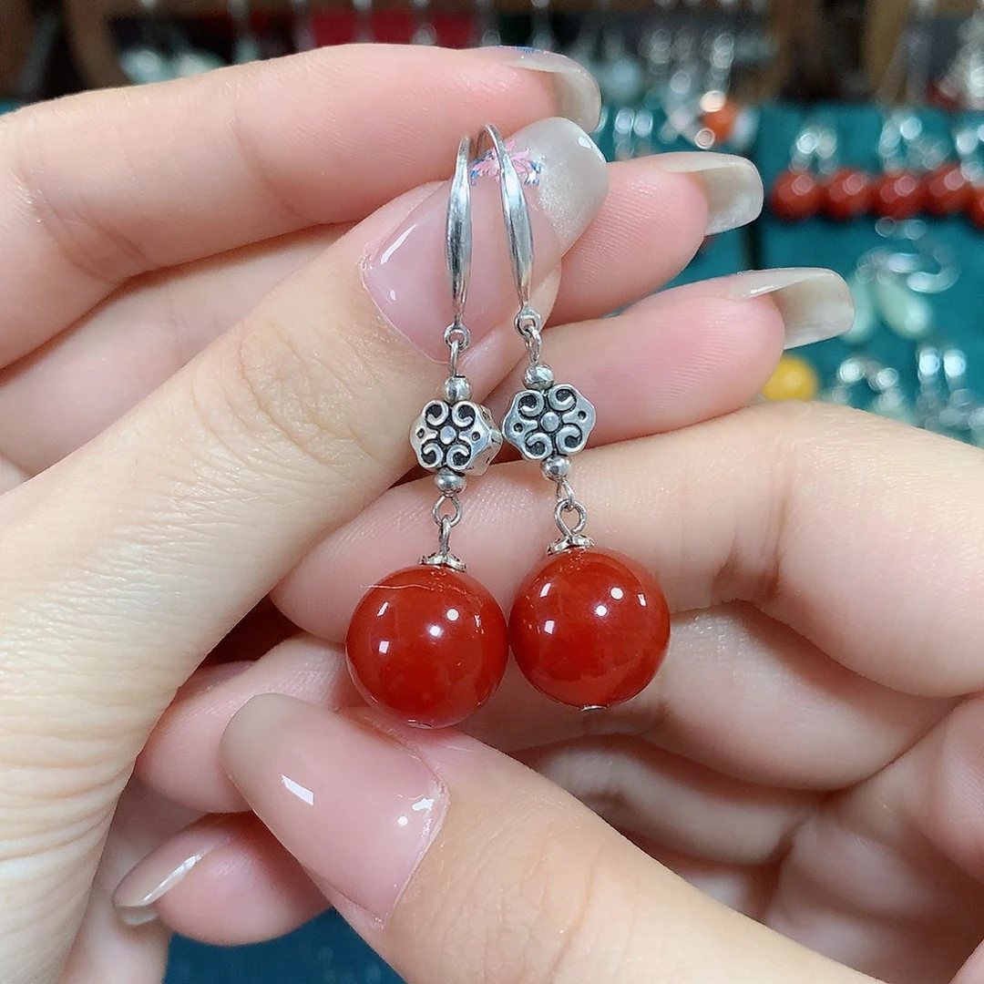 玛瑙/玉髓耳饰银S925镶嵌天然红玛瑙12mm左右（锦红）