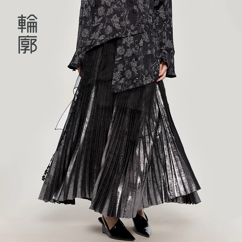 轮廓璞玉原创设计百褶裙中式复古时尚飘逸宽松气质半裙银L251Q008