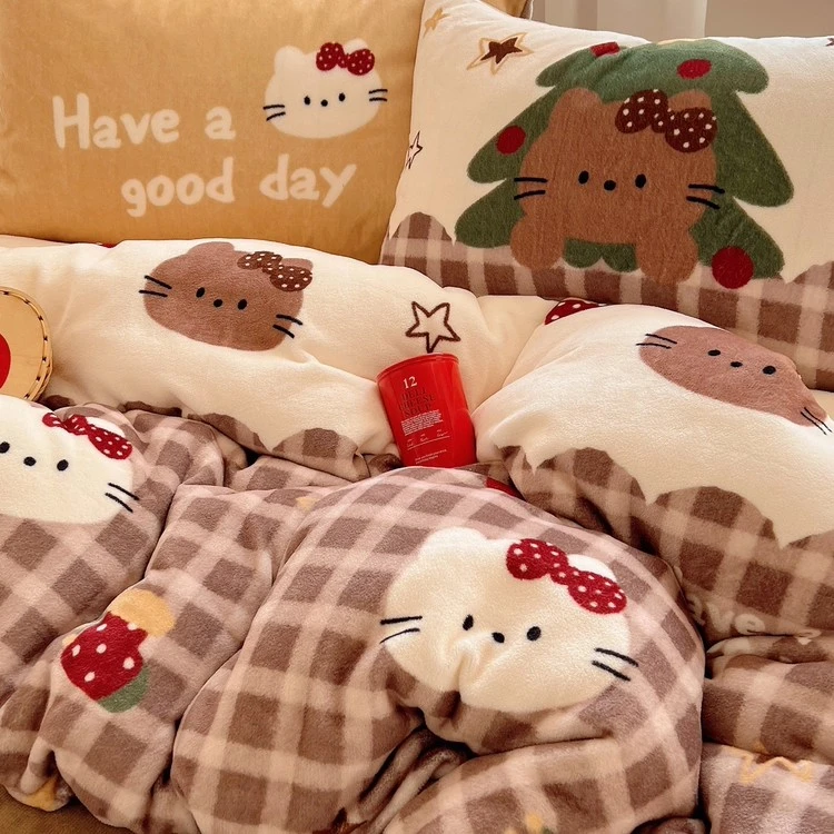 【富士商店】加厚保暖牛奶绒四件套圣诞节限定款黑皮豹纹Kitty猫