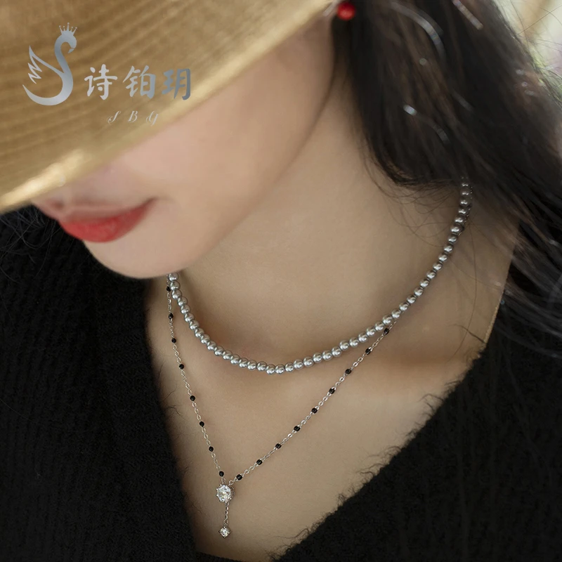 非金属仿珍珠项链 诗铂玥 心动珍珠优雅锁骨链铂金灰叠戴颈链项链