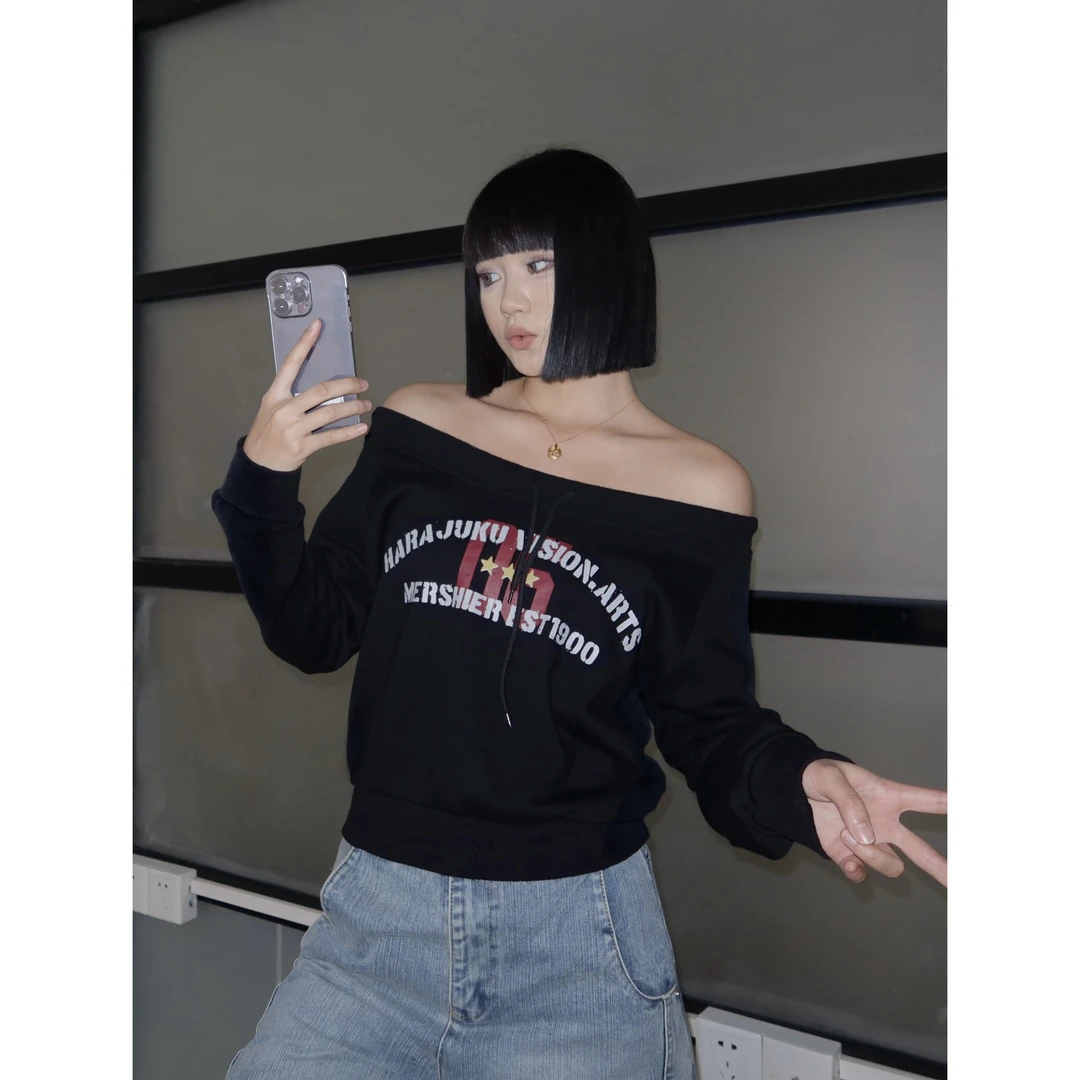 SUNDAY美式短款卫衣一字肩慵懒印花辣妹露肩复古小众印花卫衣6967