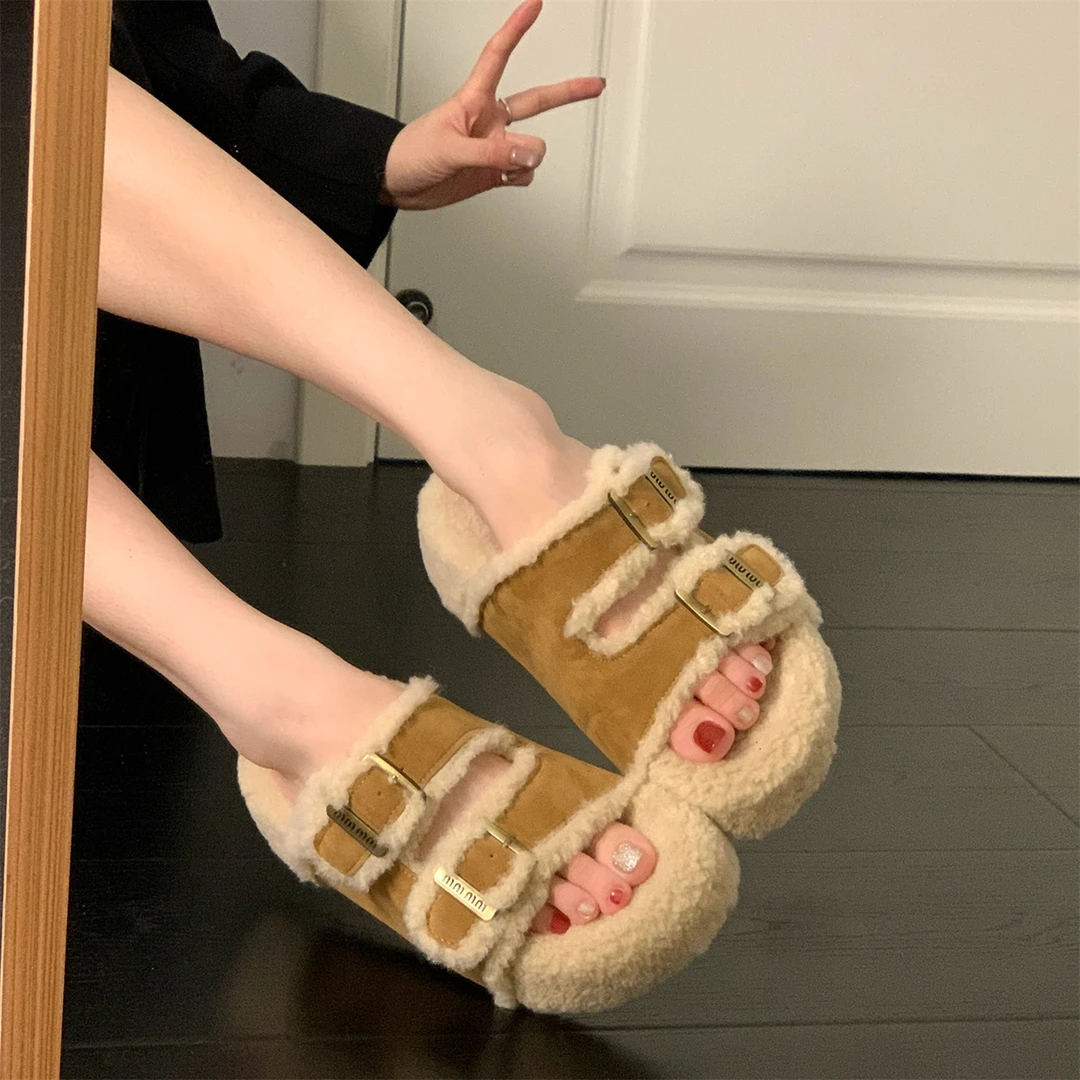 勃肯毛毛拖鞋女款外穿2025年秋冬季新款加绒毛茸茸厚底一字棉拖鞋