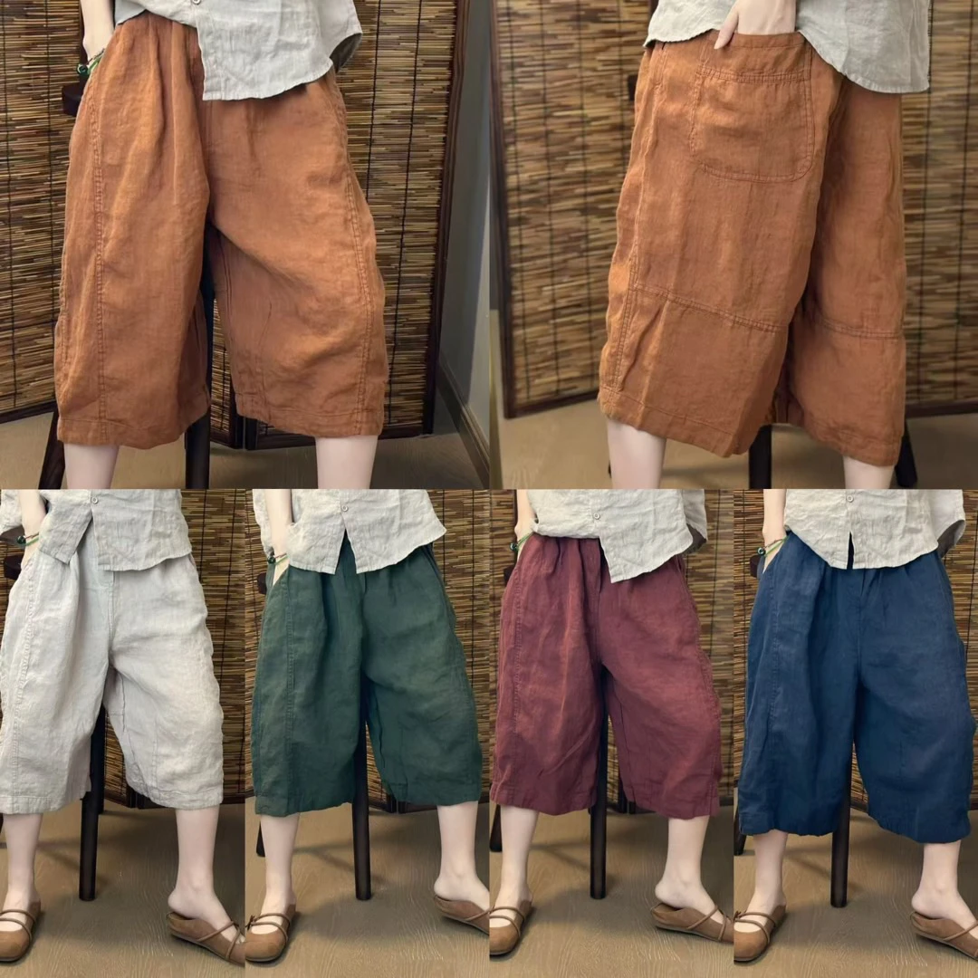 【木木新品】9535#复古宽松亚麻中裤