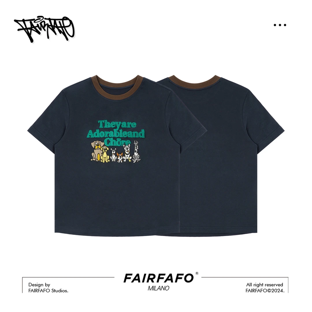 FAIRFAFO【狗狗字母毛绒刺绣T恤】TXAL4C099可爱毛绒狗狗卡通T恤