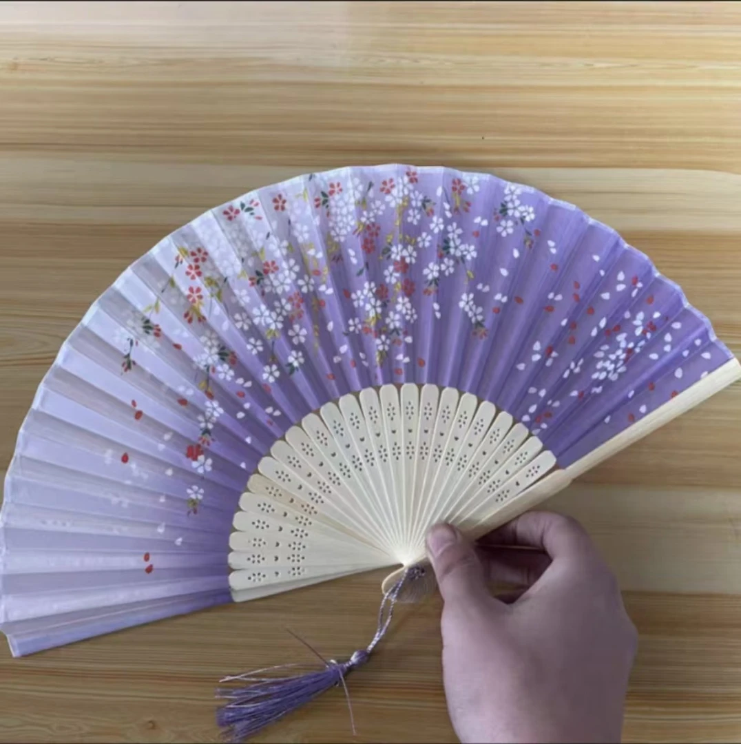 紫底梅花竹片印花折扇春晚同款！龙年爆款精工密雕