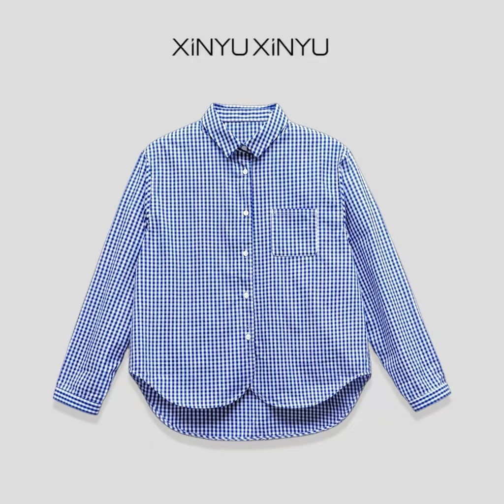 XINYU/芯与100棉棉柔小领色织细格格纹衬衫 131355 休闲 衬衣