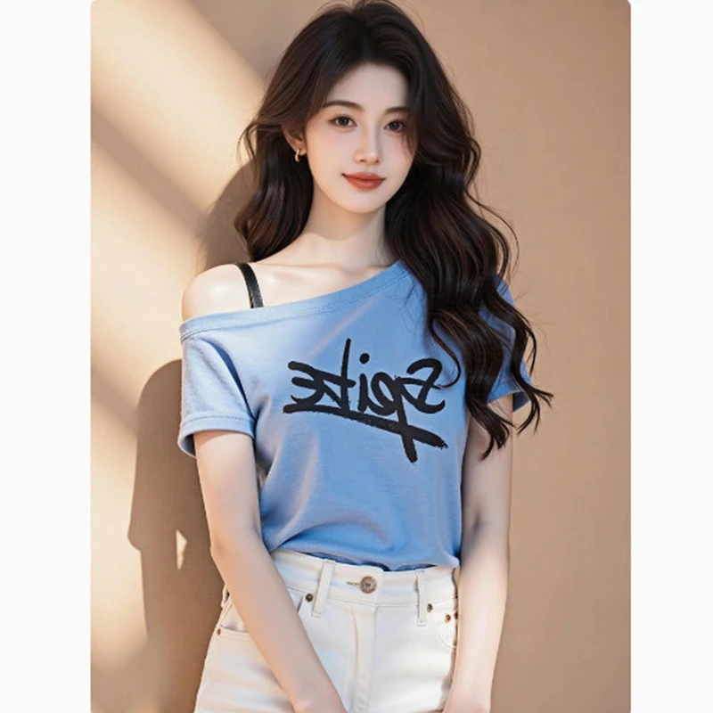 蓝色字母吊带短袖T恤女2025夏季新款性感斜肩别致小衫辣妹上衣服