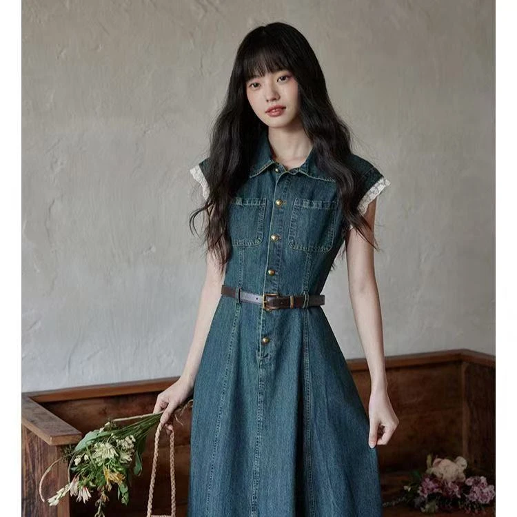 收腰2025新款夏气质裙子独特别致小众高级小个子复古牛仔连衣裙女