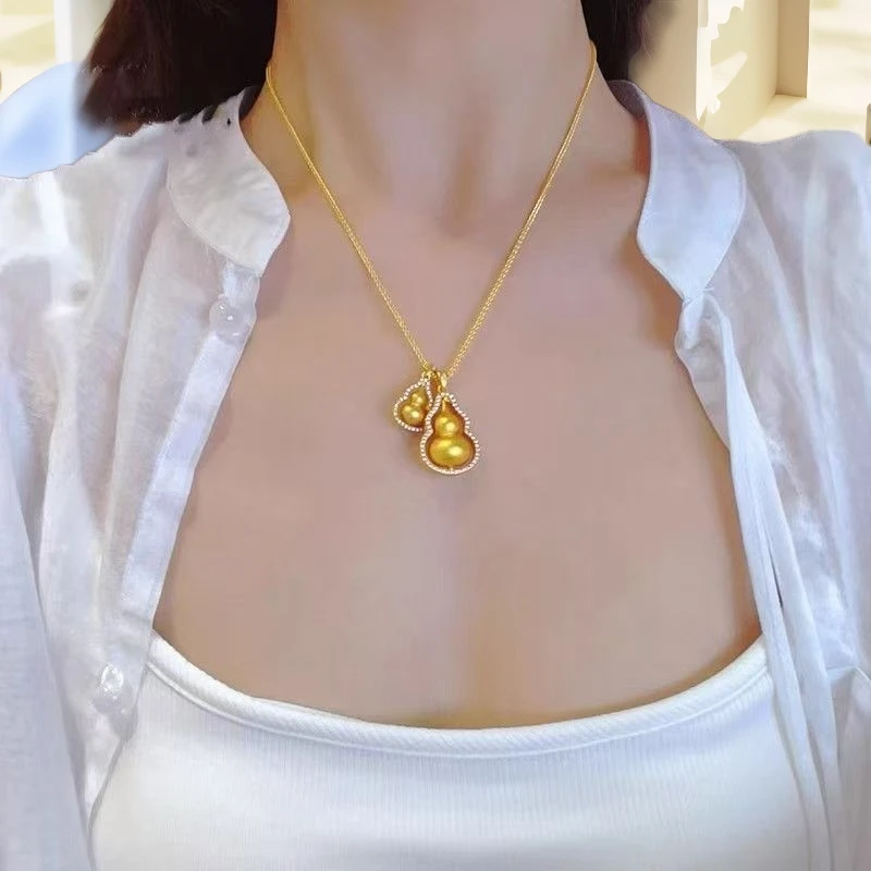 铜合金项链 小红书爆款铜合金古法新中式双葫芦项链点钻可旋转女