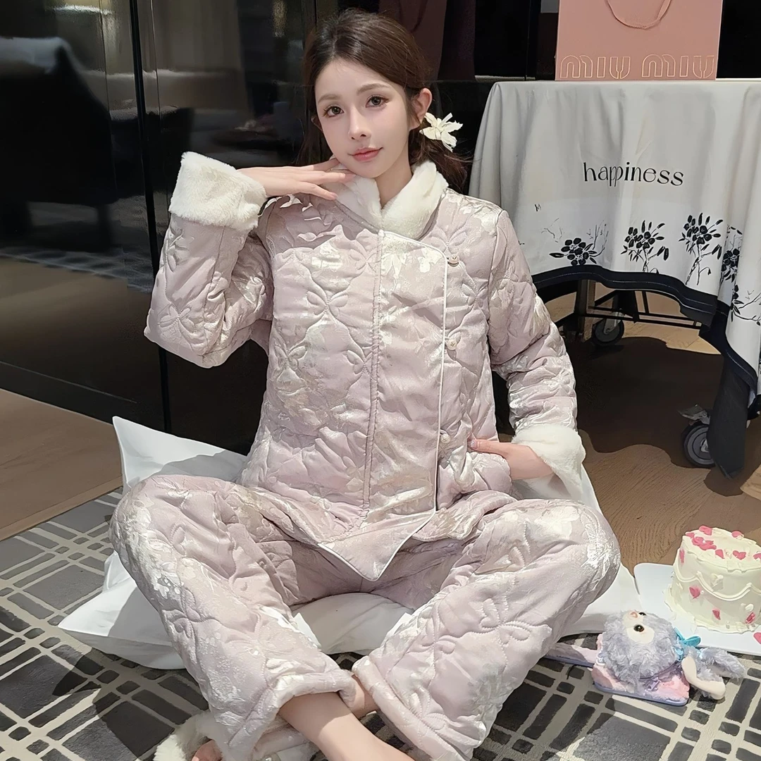 中式三层夹棉加厚睡衣女冬季2025新款加绒保暖高级感家居服可外穿
