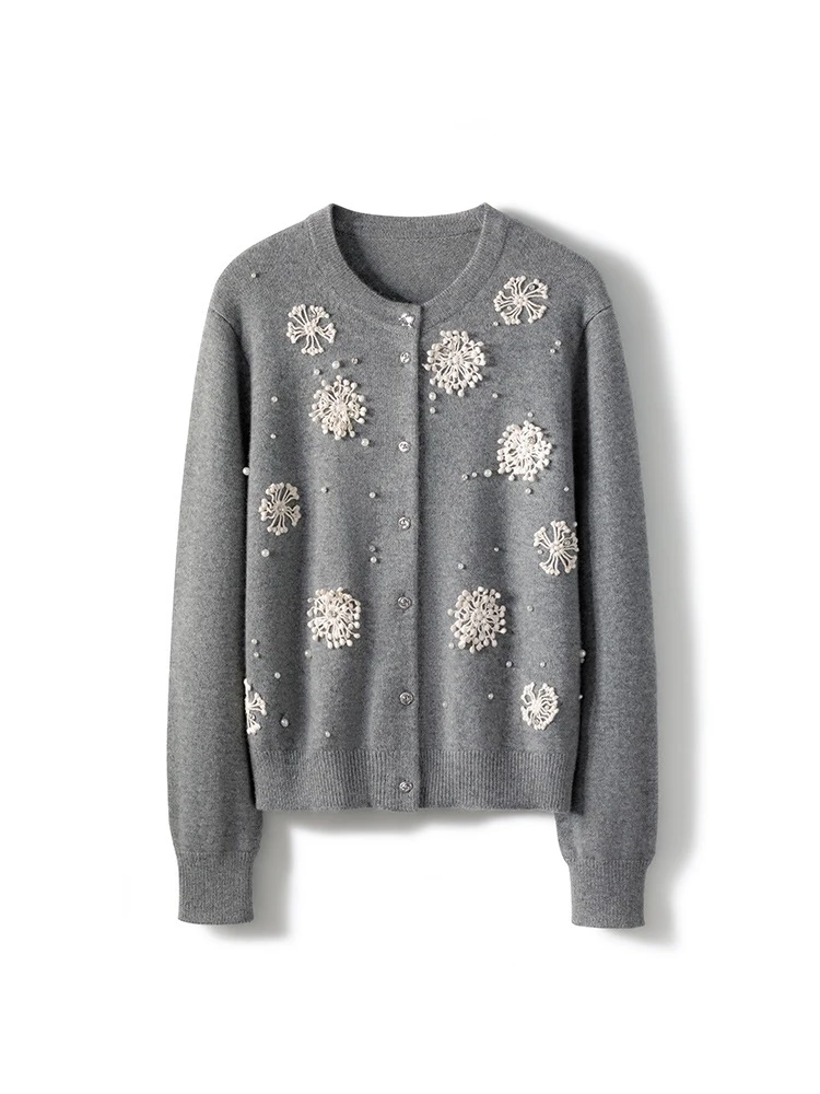 [小花朵]康赛妮A类 双股加厚手工立体花朵 气质圆领羊绒开衫