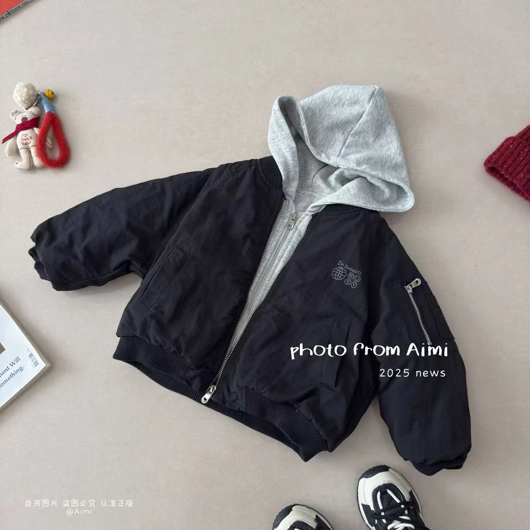 儿童棉服2025秋冬男童休闲潮牌夹棉外套宝宝中小童加厚连帽假两件