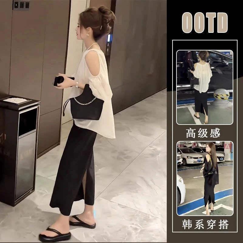 2025新款夏季高级感时尚御姐风无袖白色衬衫上衣开叉包臀裙两件套