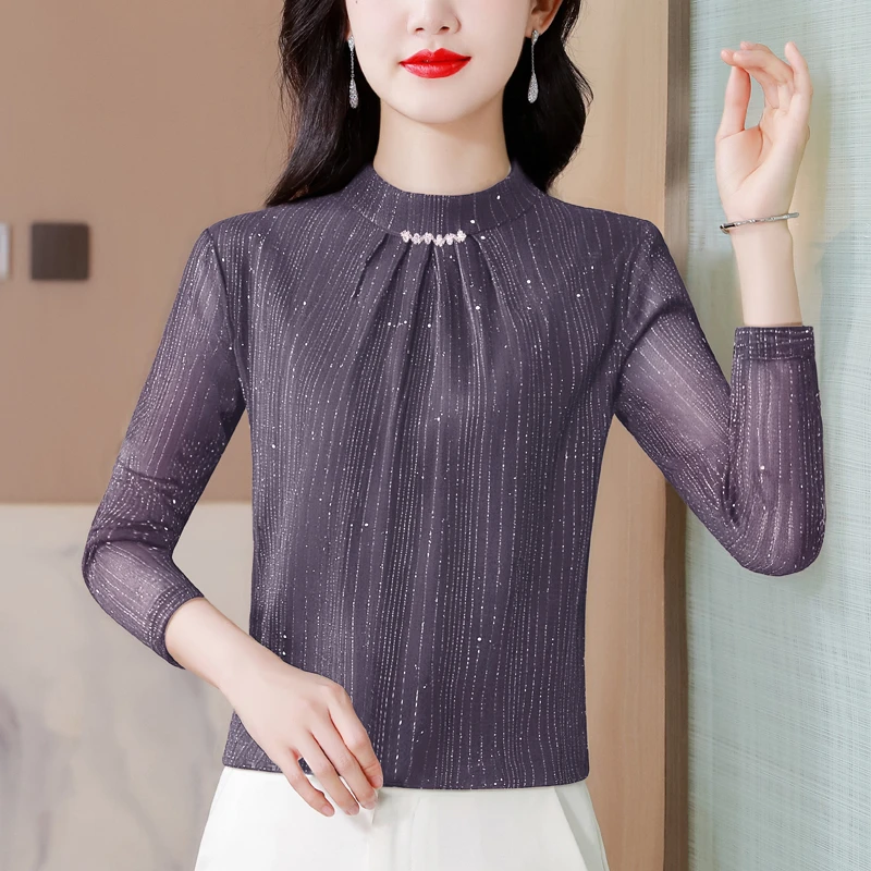 半高领长袖打底衫女秋冬高级感亮丝网纱小衫减龄洋气妈妈加绒上衣