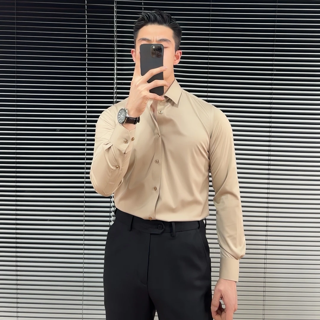 高品质莫代尔长袖衬衣男士商务休闲正装工作装纯色衬衫修身帅气