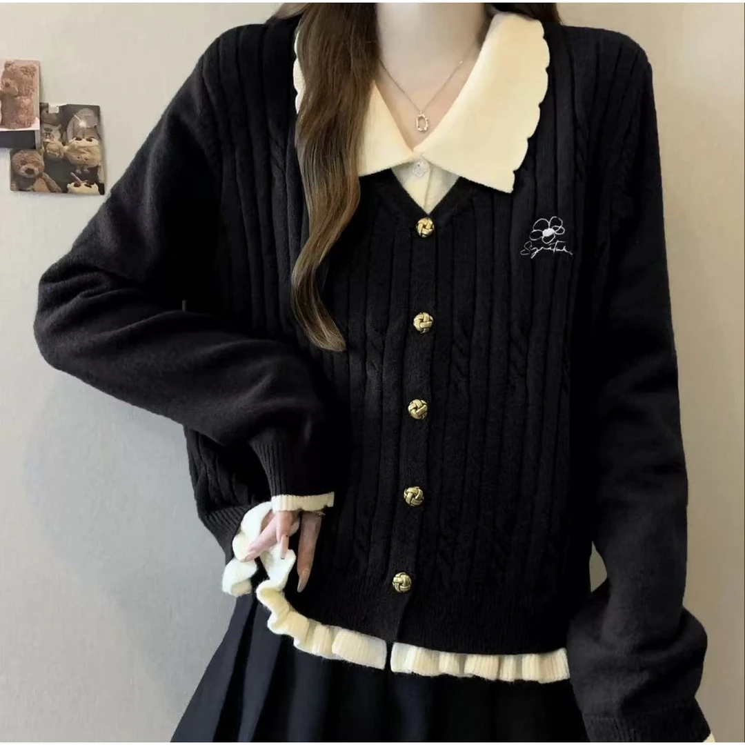 【2902】胖MM秋冬高级感撞色假两件开衫毛衣洋气百搭上衣