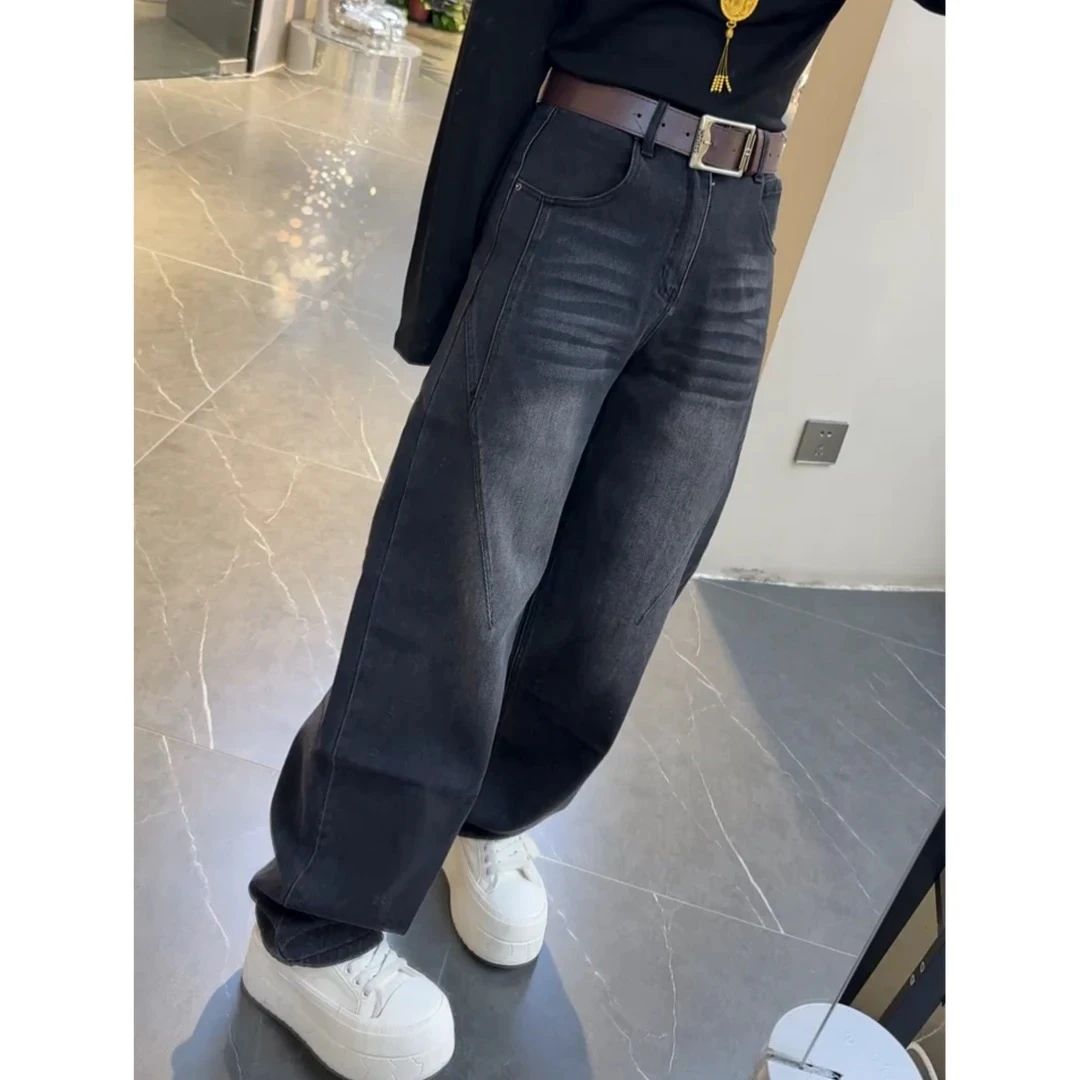 黑灰色窄版阔腿弯刀牛仔裤女2025秋季新款高腰宽松遮胯显瘦镰刀裤
