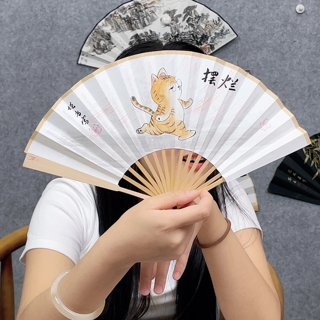 国画6寸玉竹-纯手绘-文玩扇骨（默认粘好）