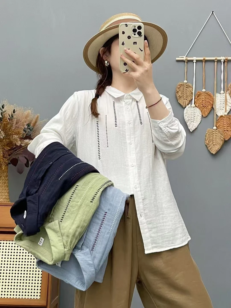 2025新款麦穗刺绣长袖衬衫尖领领休闲简约宽松百搭上衣女8174