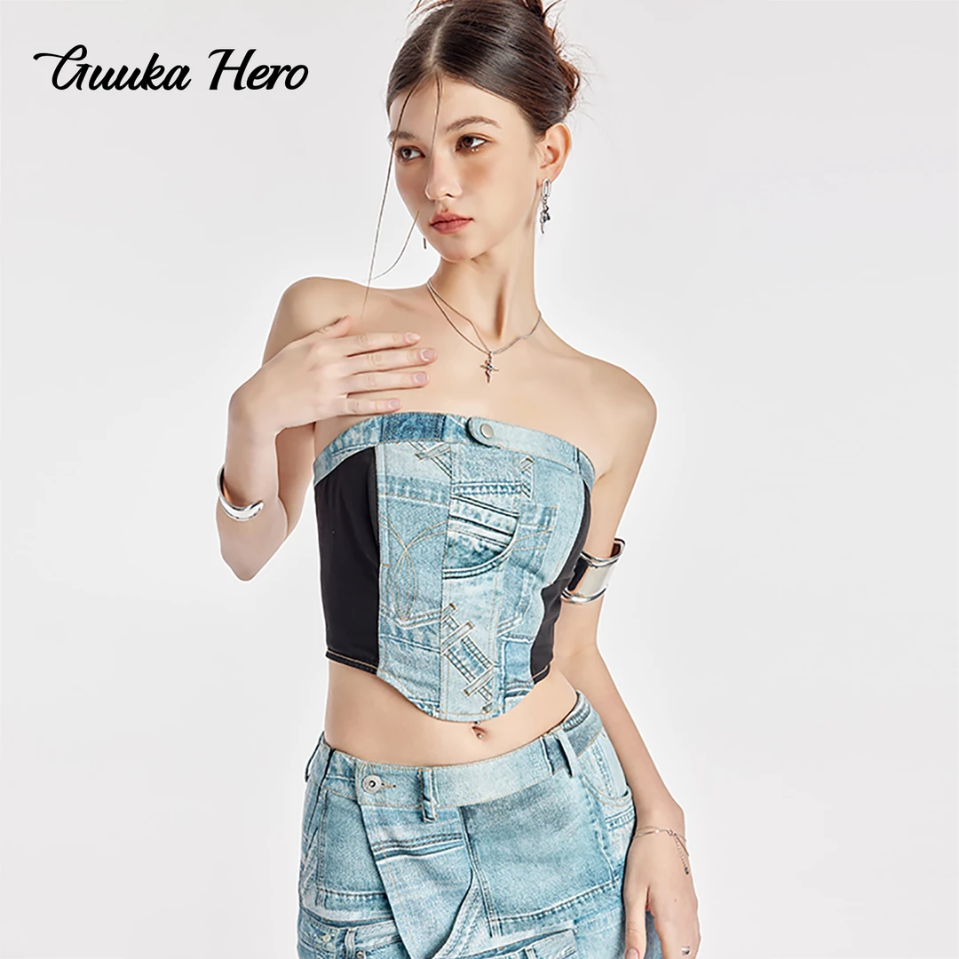 GUUKA HERO抹胸喷印胸衣女夏张紫宁同款性感辣妹背心上衣B60599