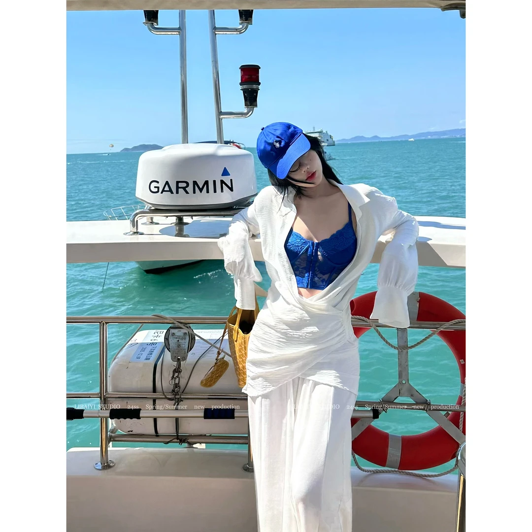 LIBAIYI 防晒又有品/白色深V衬衫罩衫裙+白色阔腿裤+蕾丝吊带1388
