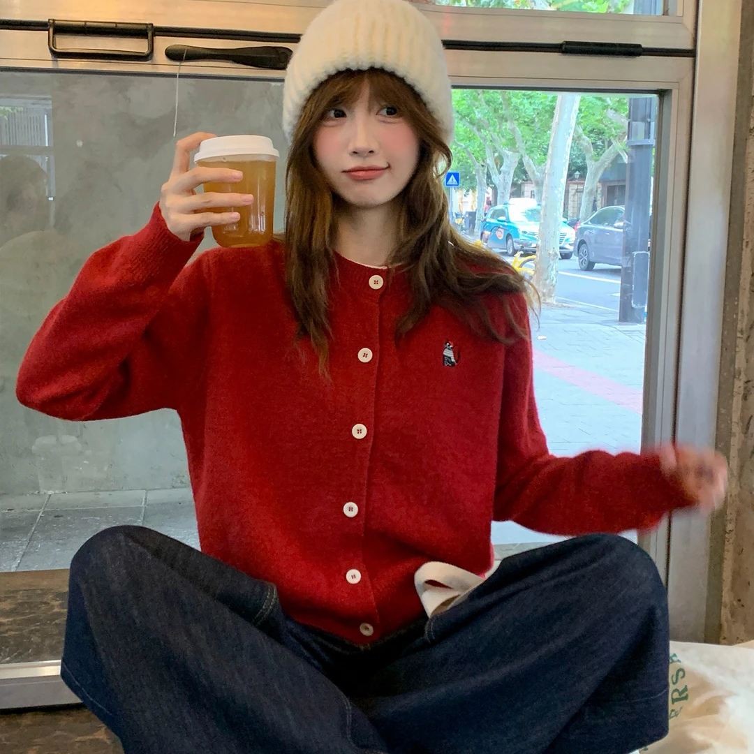 红色毛衣开衫外套女外穿2025新款冬季韩系穿搭针织打底上衣