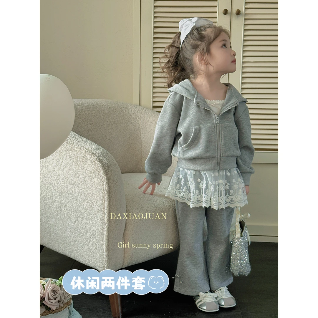 现货【大小卷】女童春秋舒适两件休闲韩版连帽套装-52195