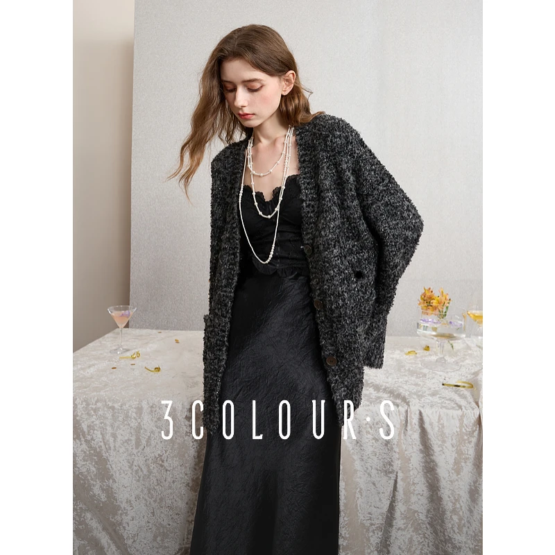 【粉丝专属】三彩2025春季新款亮片花纱毛衣开衫V领绒感针织衫dbx