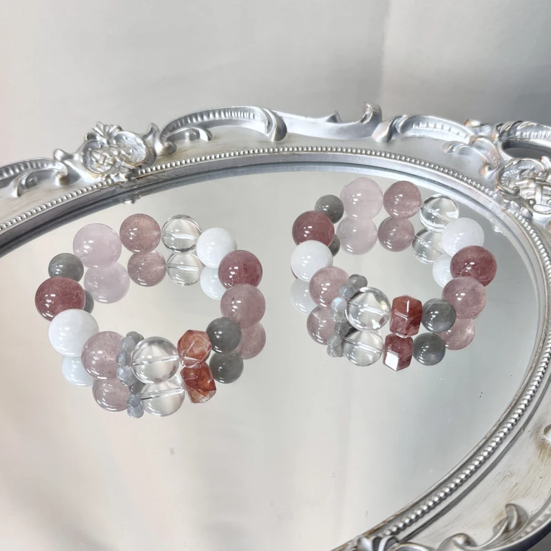 天然雪花幽灵·草莓晶·粉水晶·白水晶·月光石·娇花 16~18mm