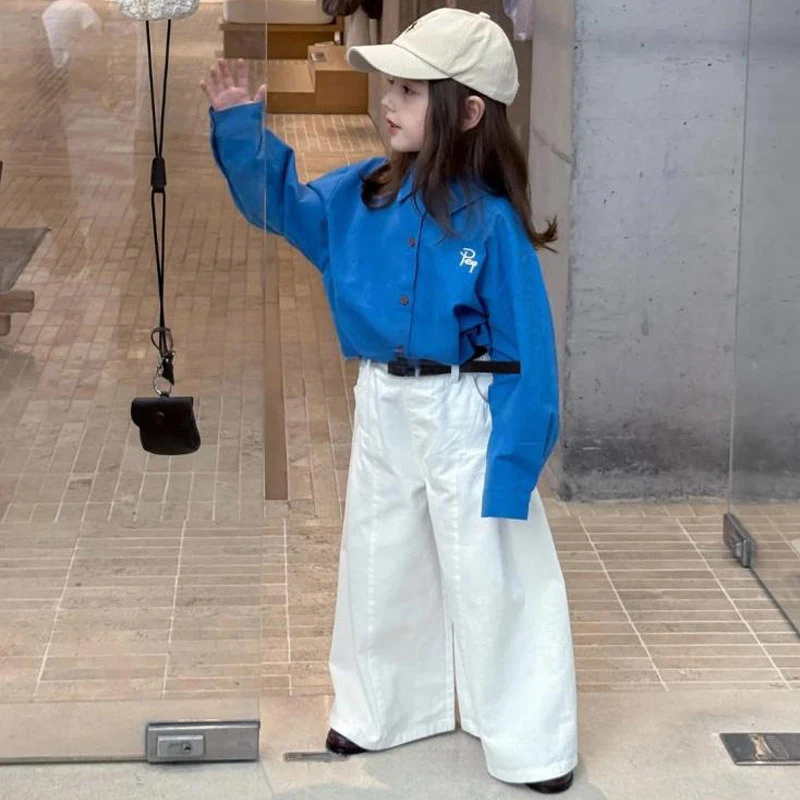 女童秋套装2025新款时尚百搭翻领衬衣洋气女孩阔腿宽松休闲裤