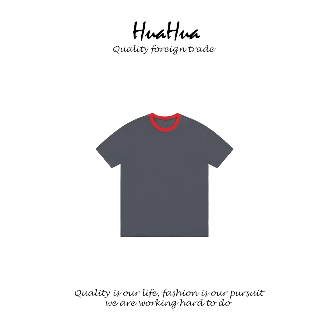 HUAYT 土星小标刺绣宽松圆领上衣T恤短袖红色撞色拼接 YT24684