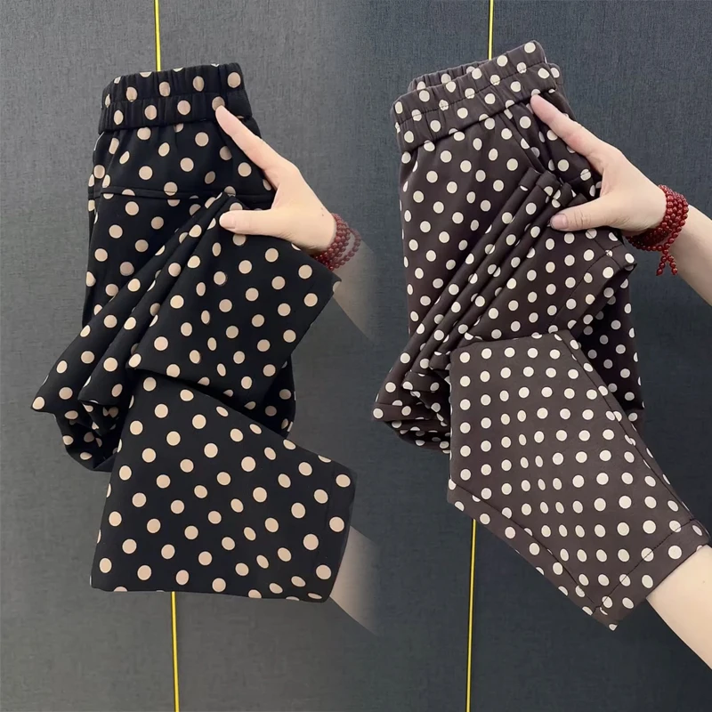 2025春季韩版九分波点哈伦裤女松紧腰弹力休闲裤时尚百搭女裤潮