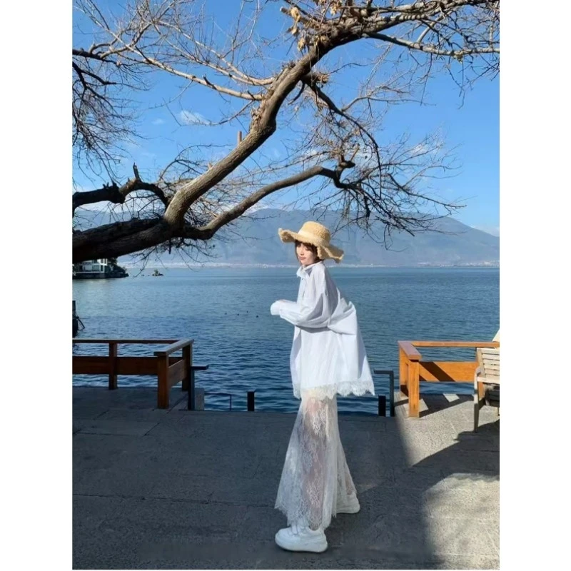 【原创冰岛慕斯】春夏新款宽松拼接蕾丝衬衫/长款蕾丝半身裙套装女