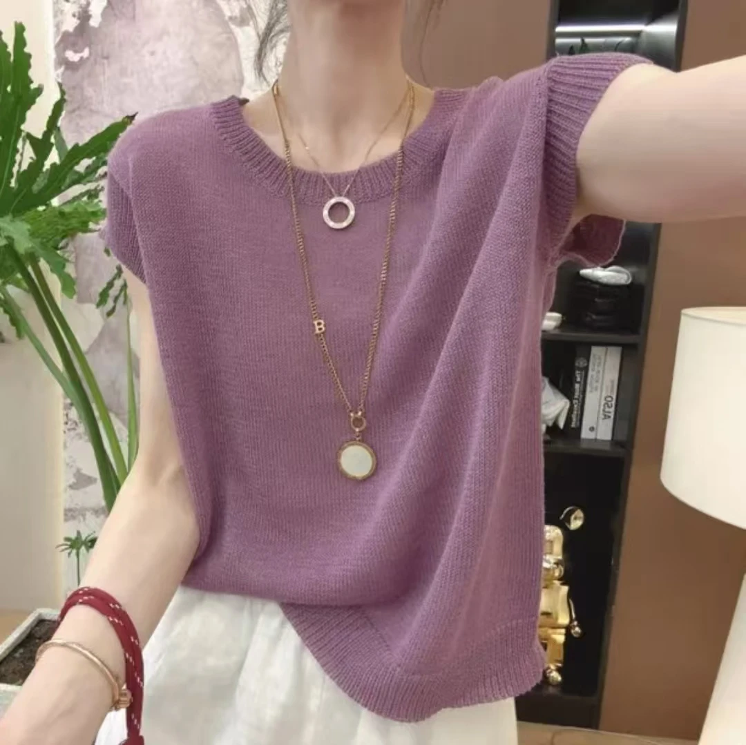 进口和纸纱飞飞袖打底衫纯色短袖百搭薄款ol圆领毛针织衫女夏季