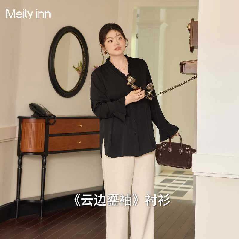 美丽客栈高端大码衬衫女胖mm洋气轻奢高级感荷叶边显瘦气质上衣